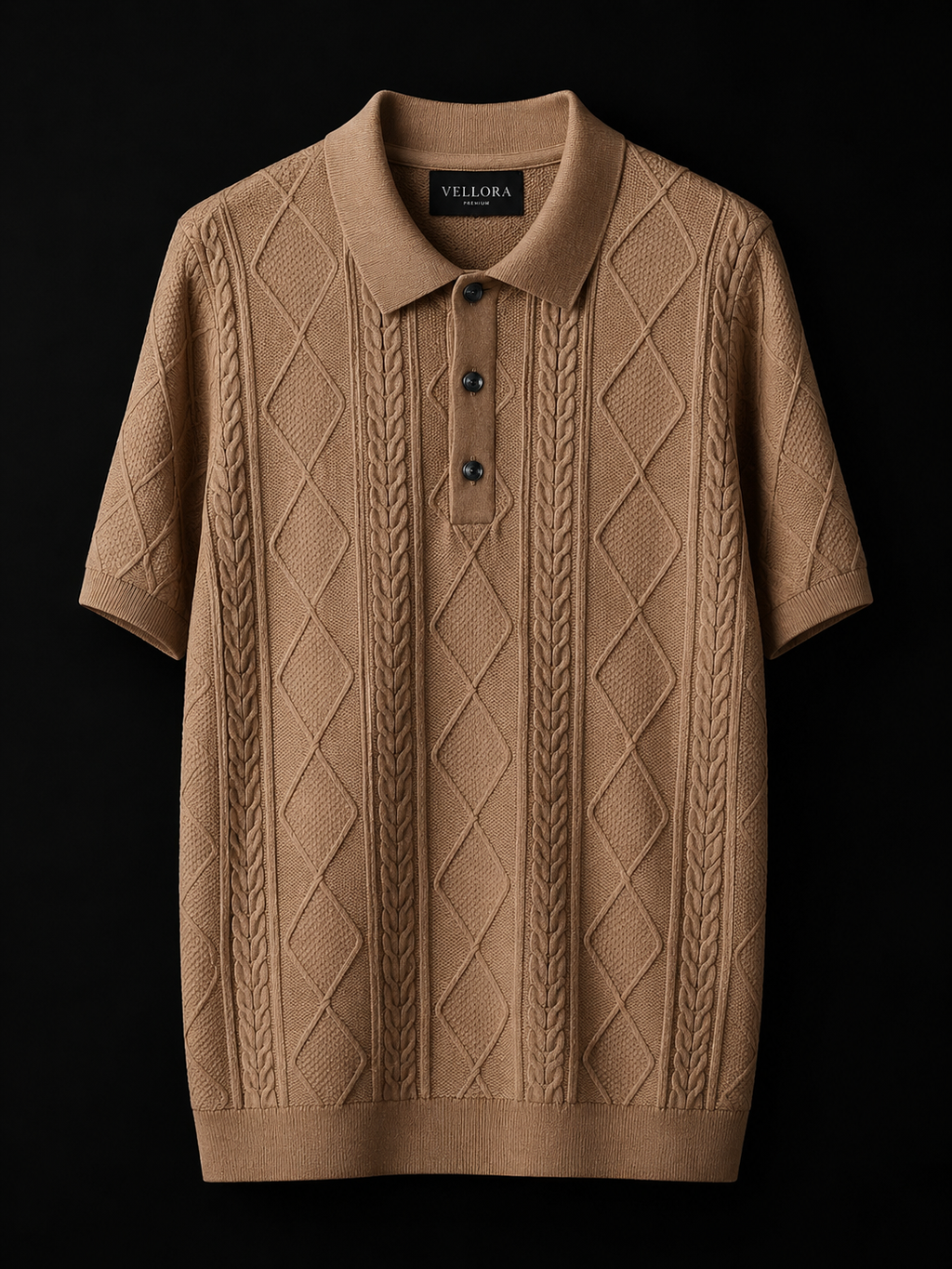 Premium Camel Cable Knit Polo T-Shirt