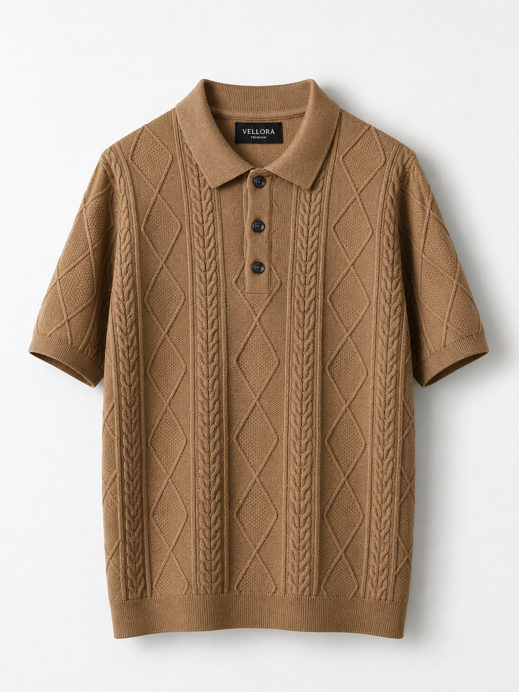 Premium Camel Cable Knit Polo T-Shirt