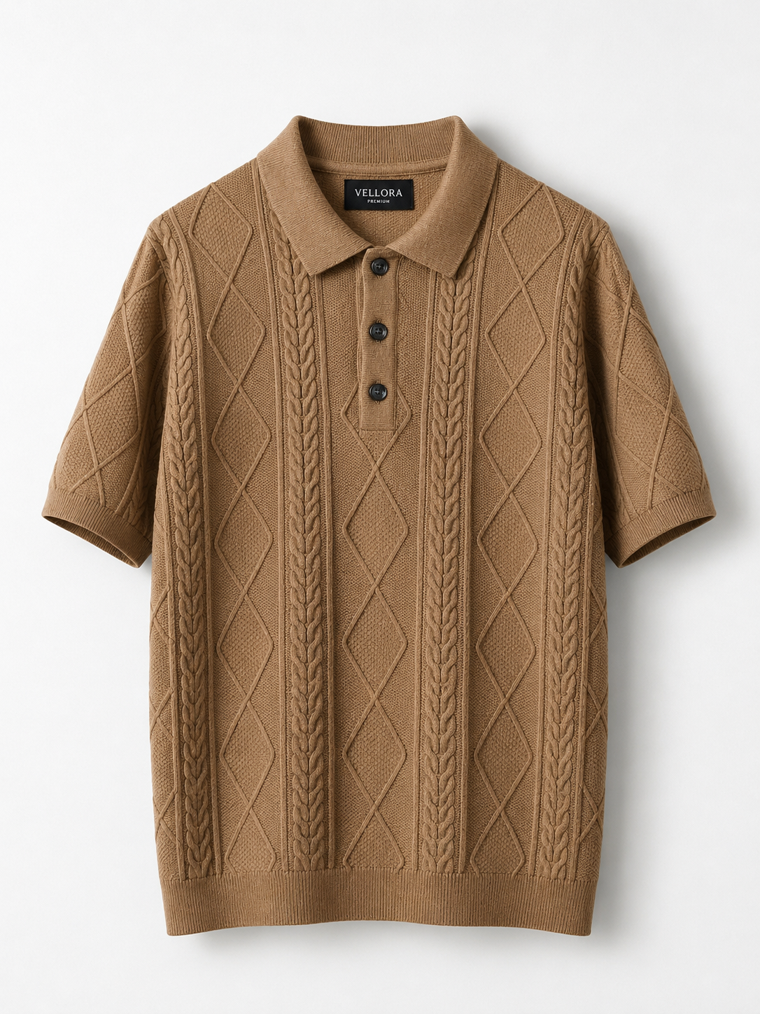 Premium Camel Cable Knit Polo T-Shirt